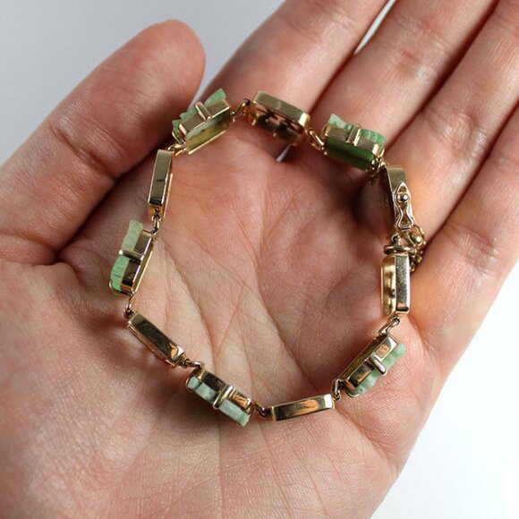 VINTAGE JADE CARVED GREEN CHINESE 14K YELLOW GOLD BRACELET - Picture 9 of 12
